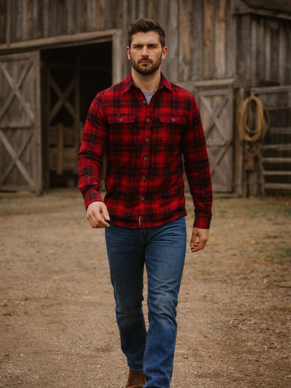 JACHS Lightweight Red Plaid Flannel Biker Preppy Western Long Sleeve Shirt Men M